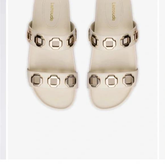 Larroude Milan Cream Slide Sandals with Gold Accents - Picture 7 of 9